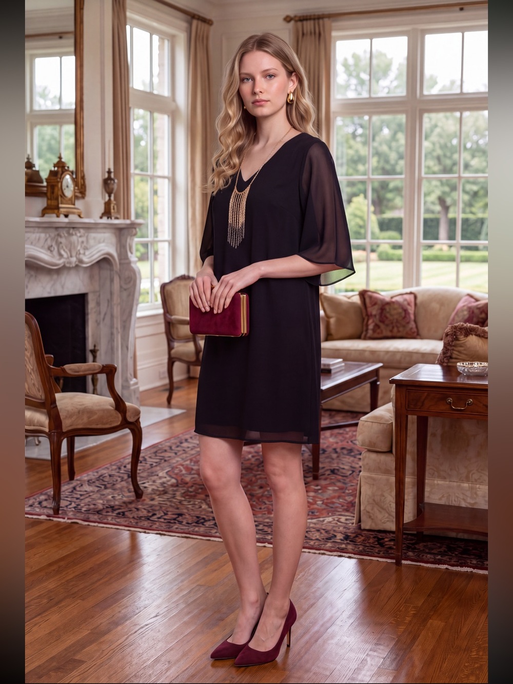 A. Byer Black Relaxed Fit Shift Cut With Elegant Sheer 3/4 Sleeves With Necklace